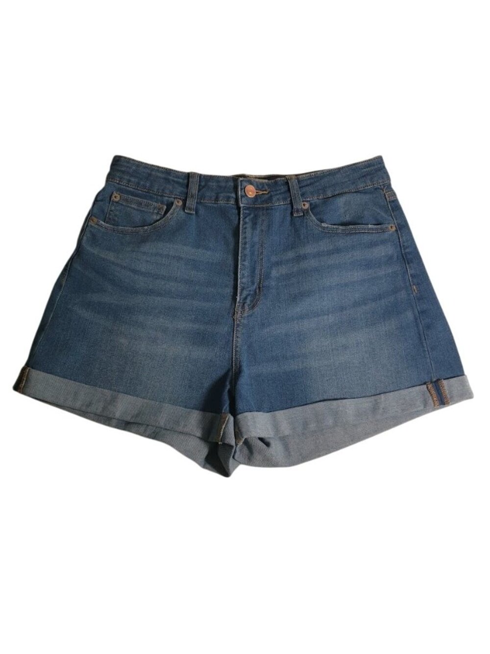 No Boundaries Womens Denim Shorts Rolled Hem Mid Rise Pockets Size 13 Blue
